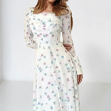 2025 Summer Women's Temperament Elegant Broken Flower Fold Fairy Waist Horn Sleeves Floating Dress HZ1208