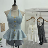 Small Fragrant Wind Coarse Flowers Hanging Neck Sling Vest With Chest Cushions Waist Skirts With Sleeveless Top 2692 HZ1208