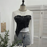 Design Feel Niche Cowboy Splicing Long-Sleeved Mesh T-Shirt Girl Summer Round Collar Dress Short Top 2617 HZ1208