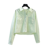 Spring And Autumn Fashion Small Fresh Light Blue Short Shirt Women's Double Pocket Loose Long-Sleeved Shirt HZ1208
