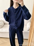 Hot Loose Knitting Suit Women 2025 Autumn And Winter New Round-Neck Cardigan Sweater + Wide Leg Pants HZ1208