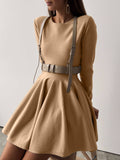 2025 Round Collar Waist Knitted Dress Women's High-End Ins Windy Folded Sweater Dress HZ1208