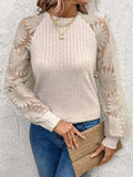 Round-Neck Hollow T-Shirt Lace Splicing Long Sleeve Top HZ1208