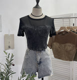 2025 Summer Denim Splicing Mesh Yarn Short-Sleeved T-Shirt Design Fake Two Hot Girl Short Top 26231 HZ1208