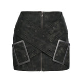 25 Spring New Personalized Super Large Metal Buckle Cross Retro Washing Pu Leather Skirt 1670 HZ1208