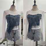 Design Feel Niche Cowboy Splicing Long-Sleeved Mesh T-Shirt Girl Summer Round Collar Dress Short Top 2617 HZ1208