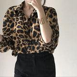 Korean Chic Autumn Vintage Leopard Print Collar Single Buckle Loose Leisure Long-Sleeved Shirt Topess HZ1208