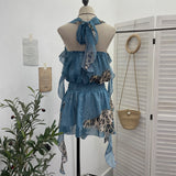 Hanging Neck Lotus Leaf Side Ribbon Print Between The Draw Folded Lace With Bareback Bow Dress 22070 HZ1208