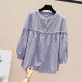 Cotton 2025 Spring And Autumn Korean Version Of The Round-Necked Women's Shirt Age-Old Doll Shirt Fashion Casual Thin Nine-Sleeved Lace Shirt HZ1208