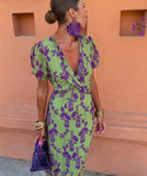 2025 Summer Women's Fashion Folding Print Dress Elegant Body V Collar Short Sleeve Dress HZ1208