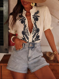 Women's V-Neck Floral Embroidered Shirt Women's New Fashion Single-Crysle Blouse HZ1208