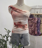 Net Yarn Printed Slanted Shoulder Sling Vest Retro Design Folding Temperament Short Blouse 8009 HZ1208