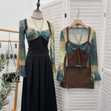 2025 Spring Dress French Court Style Lace Lace Spliced Printed Horn Long-Sleeved T-Shirt 82236 HZ1208