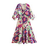 2025 Women's V-Neck Flower Print Long Dress 9287 HZ1208