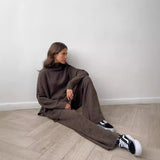 2025 High-Neck Open Fork Wool Sweater Set Women's Loose Casual Lazy Knitting Trousers Two-Piece HZ1208