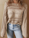 Women's 2025 Crochet Burqa Hollow Women's Long-Sleeved Round-Neck Short Top Beach Sweater HZ1208