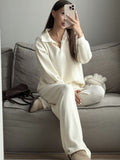 Autumn And Winter Solid-Color Lap-Over Sweater Set Women's Loose Knit Polo Collar Sweater Broad Leg Pants Two-Set HZ1208