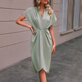 Dress V-Neck Temperament Elegant Irregular Sleeves Of Pure Color Bag Dress HZ1208