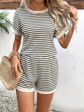 Women's 2025 Summer New Fashion Striped Short Sleeves Suit Sports Shorts Set HZ1208