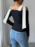 Black Long-Sleeved Girl Slimming-Word Shoulder-Cloth T-Shirt HZ1208