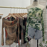 Vintage Graffiti-Printed Shoulder-Threin Mesh Long-Sleeved Blouse Side Drawstring Tethered With Slime T-Shirt 8959 HZ1208