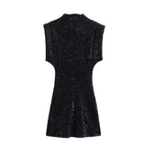Spring New With Cushioned Shoulder Squins Embellion Slimming Mini Dress HZ1208