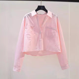 Spring And Autumn Fashion Small Fresh Light Blue Short Shirt Women's Double Pocket Loose Long-Sleeved Shirt HZ1208