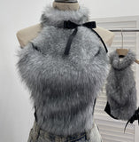 Real-Shot Bow Decorative Hair Splicing Elastic Hanging Neck Vest Outside Wearing Hairy Short Grinding Coat 2791 HZ1208