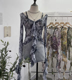 French Retro Oil Painting Wind Dyed Lotus Leaf Side Sling T-Shirts Long Sleeves Drifting Coat 2658 HZ1208