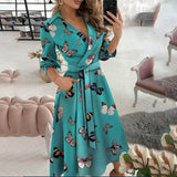 2025 Women's Fashion Print Long-Sleeved V-Neck Bag-Groomed Commuting Dress 661 HZ1208