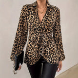 Long-Sleeved Top 2025 Spring New Leopard Print Tie With V-Neck Temperament Long-Sleeved Shirt HZ1208