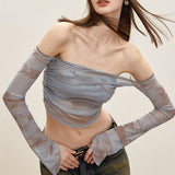 2025 New Shoulder Long-Sleeved Mesh T-Shirt Girl Autumn Sweet Hottie Sexy Short-Term Perspective Top HZ1208