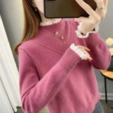 New Half-High Collar Sweater In Autumn And Winter 2025 Women Loose Outer Wear Lace Stitched Knitted Bottom Shirt Tide HZ1208