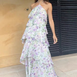 Super Beautiful Retro Floral Hanging Neck Sling Dress Summer Design Feel Seaside Vacation Beautiful Temperament Dress Woman HZ1208