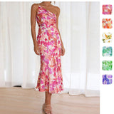 Autumn New Fashion Print Temperament Collared Shoulder Sling Sling Mid-Long Dress 661 HZ1208