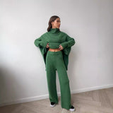 2025 High-Neck Open Fork Wool Sweater Set Women's Loose Casual Lazy Knitting Trousers Two-Piece HZ1208