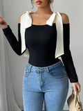 Black Long-Sleeved Girl Slimming-Word Shoulder-Cloth T-Shirt HZ1208