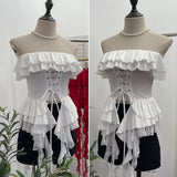 Real Shooting Hottie Belt Lotus Side Splicing Lace Bra Vest Word Shoulder Ribbon Short Coat 8013 HZ1208