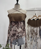 Real Shot Shoulder Cross Hanging Neck Knitting Mesh Yarn Coat Irregular Ribbon Horn Long-Sleeved T-Shirt 1101 HZ1208