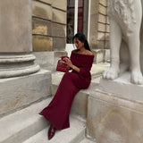 Solid-Colored Out-Shouldered Knitted Long Dress Stylish Sexy Body-Sucking Knitted Long Dress Dress HZ1208