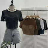 2025 Summer Denim Splicing Mesh Yarn Short-Sleeved T-Shirt Design Fake Two Hot Girl Short Top 26231 HZ1208