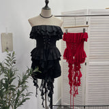 Real Shooting Hottie Belt Lotus Side Splicing Lace Bra Vest Word Shoulder Ribbon Short Coat 8013 HZ1208