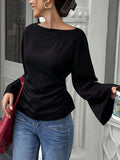 2025 New Solid-Color Fashion Casual Ride-In Boat Collar Personalized Street Horn Long-Sleeved Top T-Shirt HZ1208