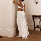 Sexy Women's New Hanging Neck Open Shoulder Lotus Leaves Side Solid Color Dress HZ1208