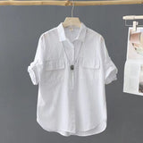 Cotton Short-Sleeved Solid-Colored Shirt Women 2025 Summer New Outer Shirt Design Sense Double Pocket Loose Thin Top Woman HZ1208