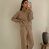 Autumn/Winter 2025 New Thick Knitted Set Of Women's Zipper Lap-Fleet Sweater Cardigan + Wide Leggings HZ1208