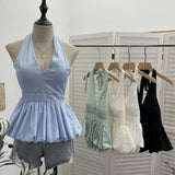 French Retro Hanging Neck Tie With Bare Back Sling Skirt Folded Short Sleeveless Top Woman 9225 HZ1208