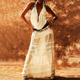 Vacation Style Lace Mesh Splicing Sleeveless Suit Dress Niche Design High-End Hanging Neck Splicing Skirt Women's Clothing HZ1208