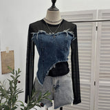 Design Feel Niche Cowboy Splicing Long-Sleeved Mesh T-Shirt Girl Summer Round Collar Dress Short Top 2617 HZ1208