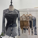 Vintage Dye Mesh Spliced Denim Shoulder Long-Sleeved T-Shirt T-Shirt T-Shirt Dress 2617 HZ1208